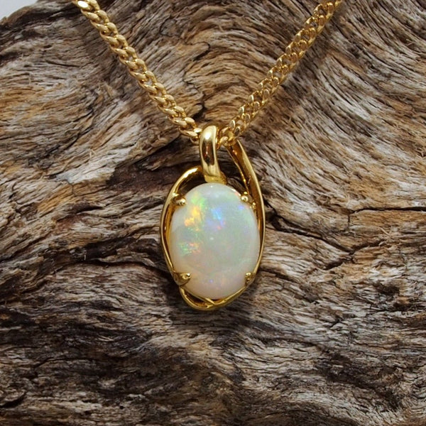 'Amia' Gold Plated Silver Australian White Opal Necklace Pendant - Black Star Opal