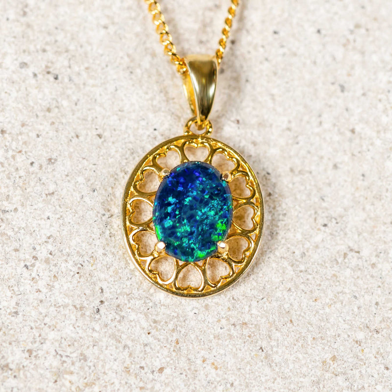 'Amore' Gold Plated Silver Australian Triplet Opal Necklace Pendant - Black Star Opal