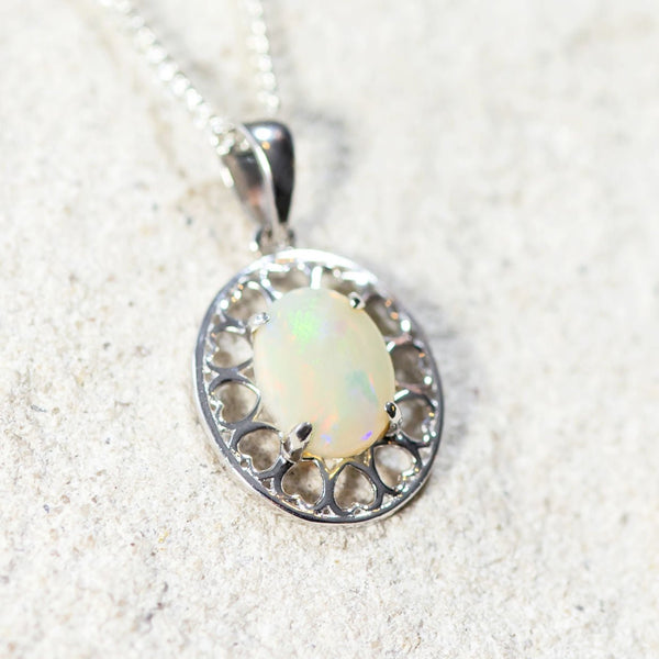 'Amore' Silver Australian White Opal Necklace Pendant - Black Star Opal