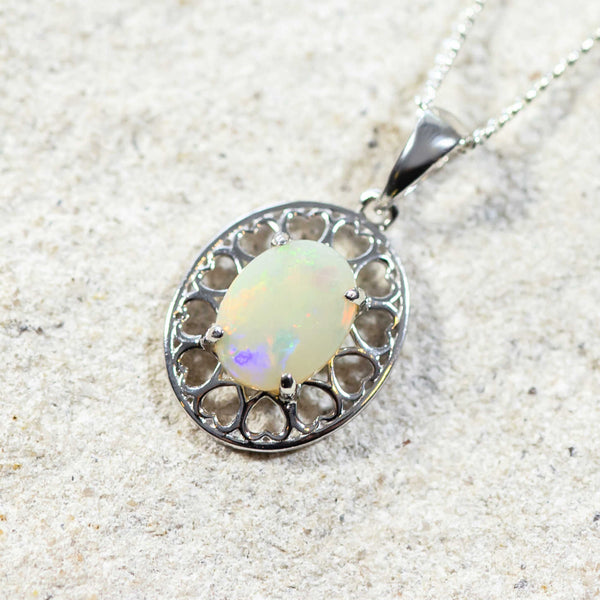 'Amore' Silver Australian White Opal Necklace Pendant - Black Star Opal
