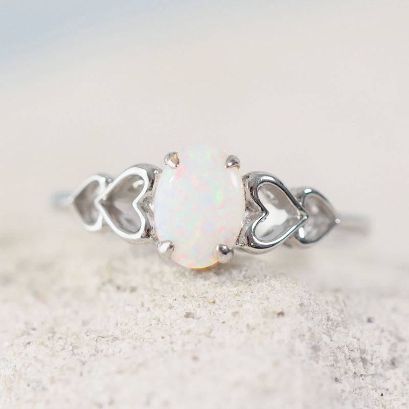 colourful heart design white opal silver ring