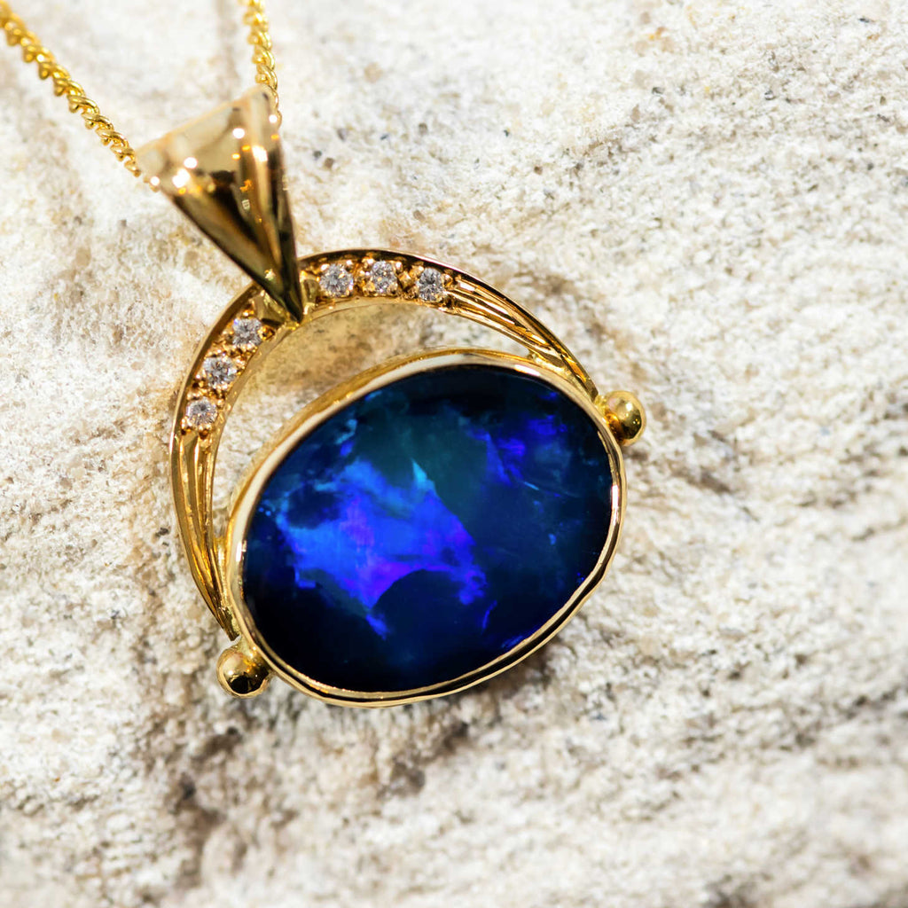 petulance Korn Faial Amunet' Solid Black Opal Necklace in Gold - Black Star Opal