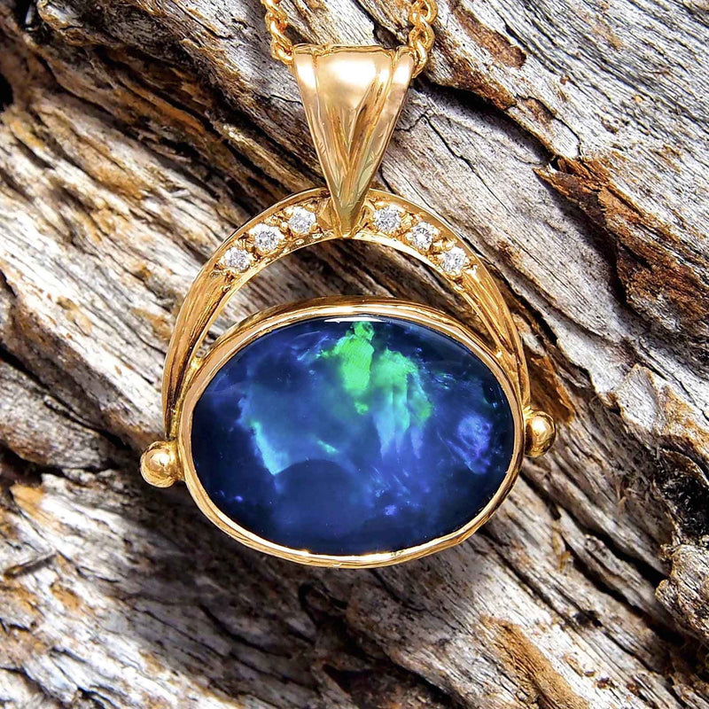 'Amunet' Gold Australian Black Opal Necklace Pendant - Black Star Opal