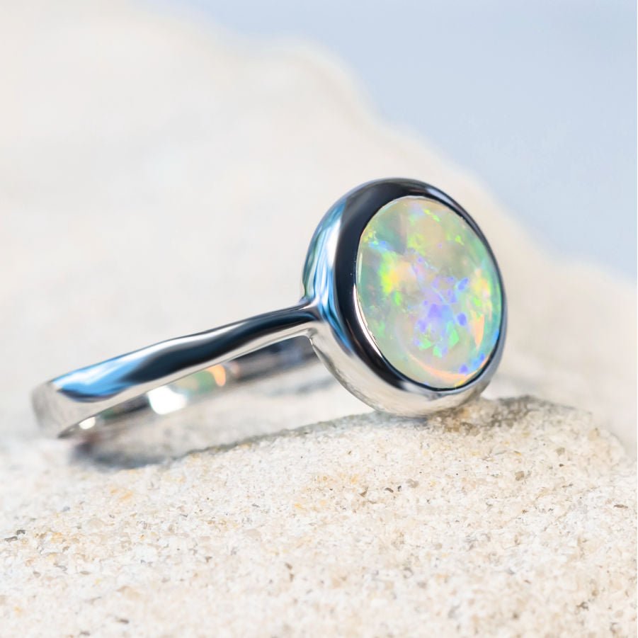 'Ana' White Gold Australian Crystal Opal Ring - Black Star Opal