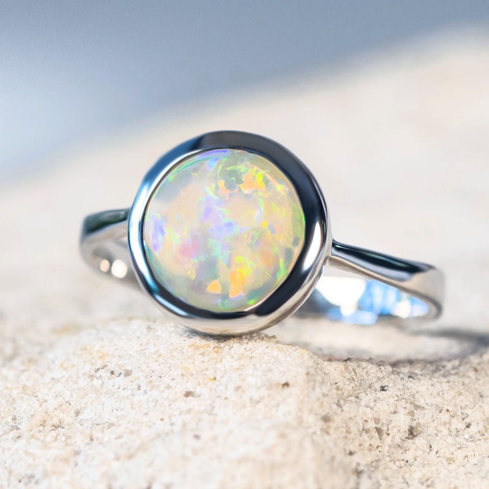 'Ana' White Gold Australian Crystal Opal Ring - Black Star Opal
