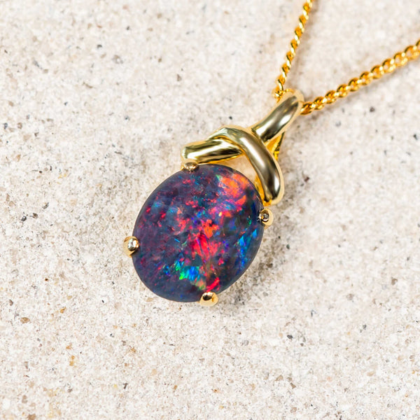 'Anahi' Gold Plated Silver Australian Triplet Opal Necklace Pendant - Black Star Opal