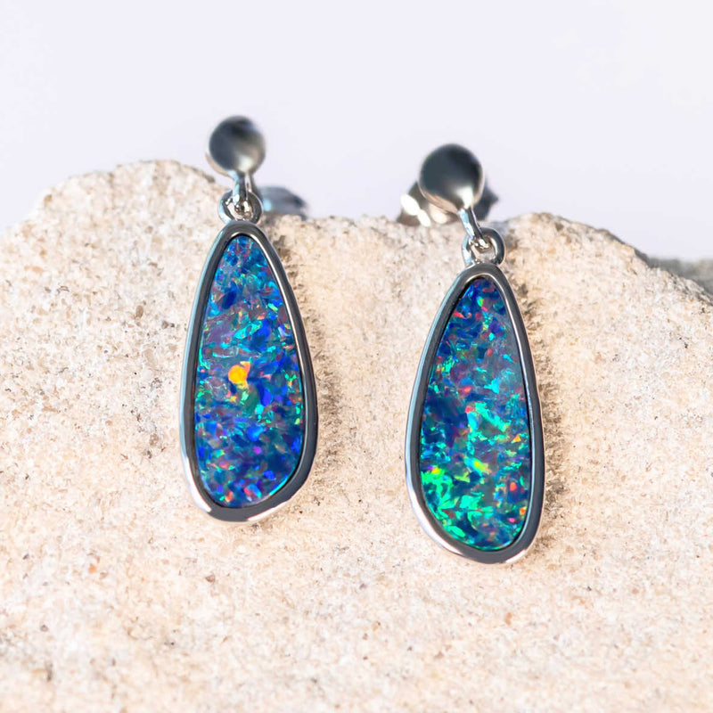 multi-colour teardrop shaped doublet opal silver earrings