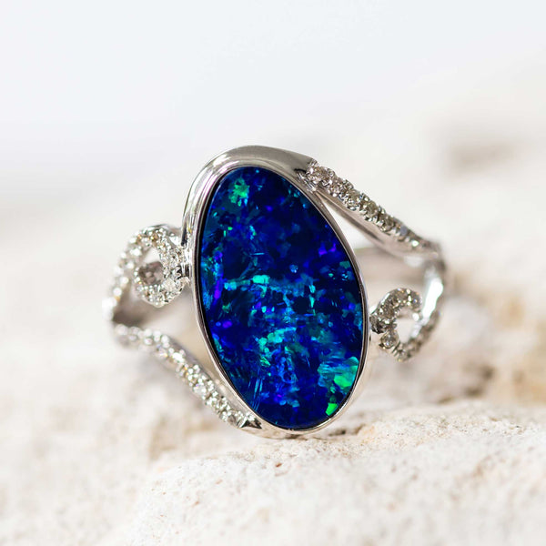 'Anastasia' White Gold Australian Doublet Opal Ring - Black Star Opal