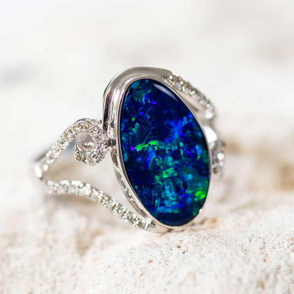 'Anastasia' White Gold Australian Doublet Opal Ring - Black Star Opal