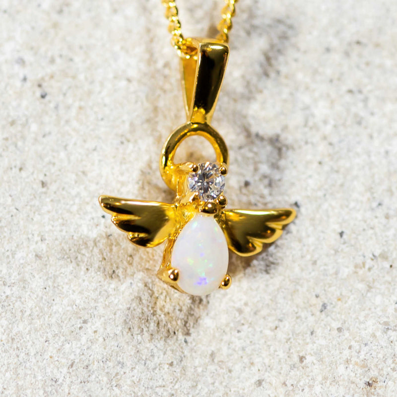 'Angel' Gold Plated Silver Australian White Opal Necklace Pendant - Black Star Opal