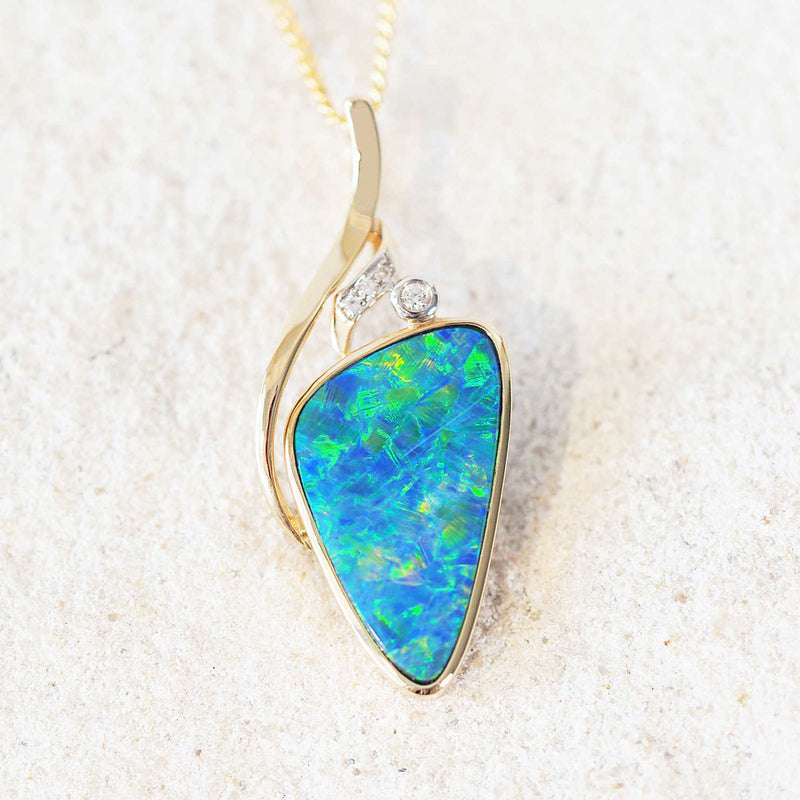 blue and green triangular Australian opal gold pendant with 4 sparkling diamonds