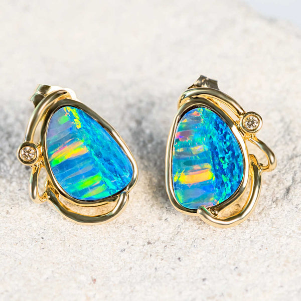 'Aniya' Gold Australian Doublet Opal Earrings - Black Star Opal