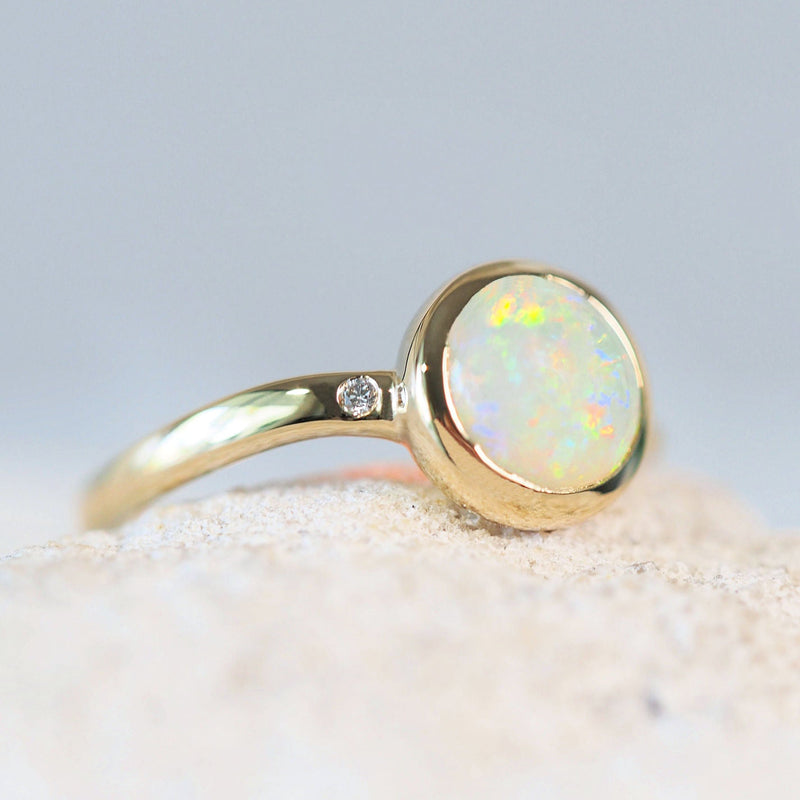 australian crystal opal gold ring set with one diamond