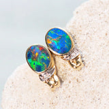 colourful oval Australian opal earrings set in 14ct gold with two sparkling diamonds