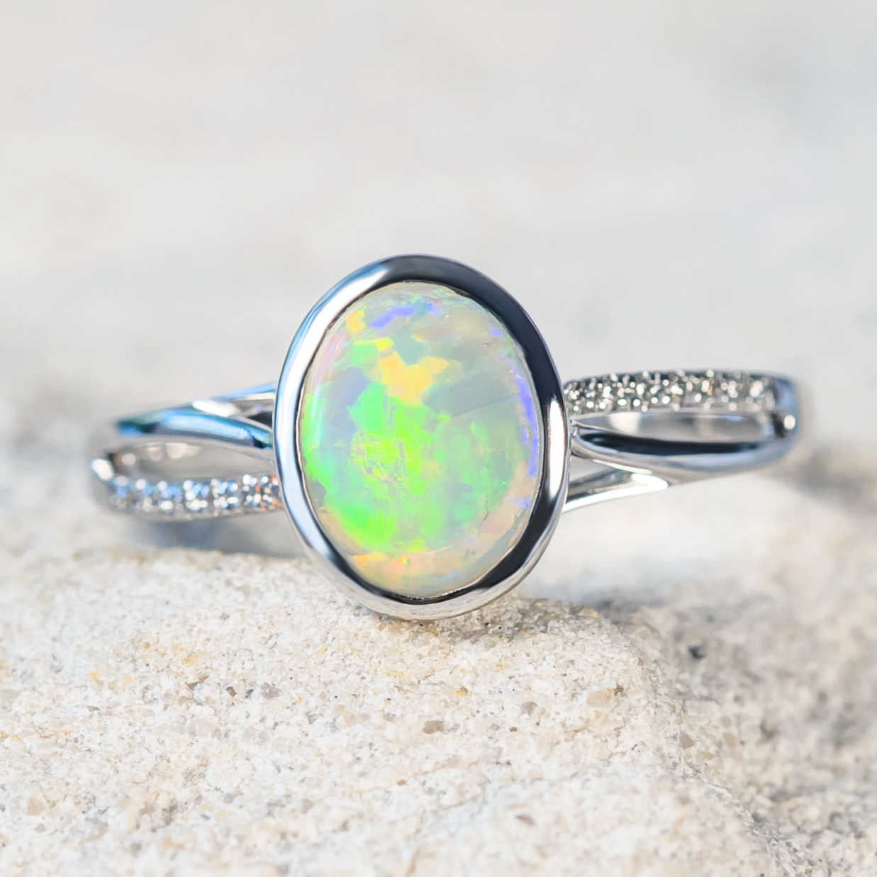 'Antonia' White Gold Australian Crystal Opal Ring - Black Star Opal