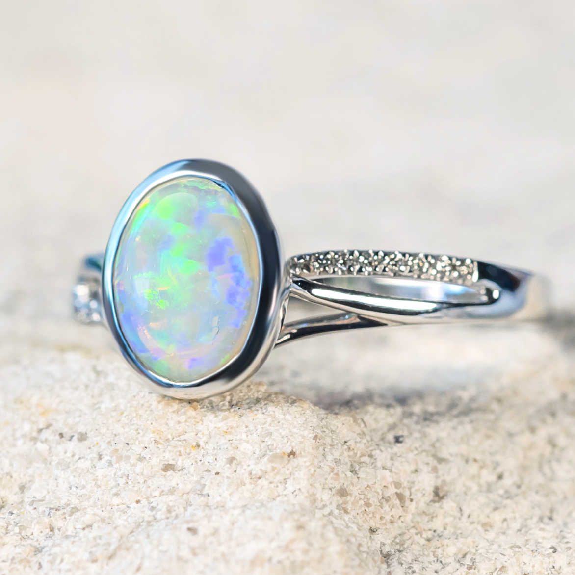 'Antonia' White Gold Australian Crystal Opal Ring - Black Star Opal