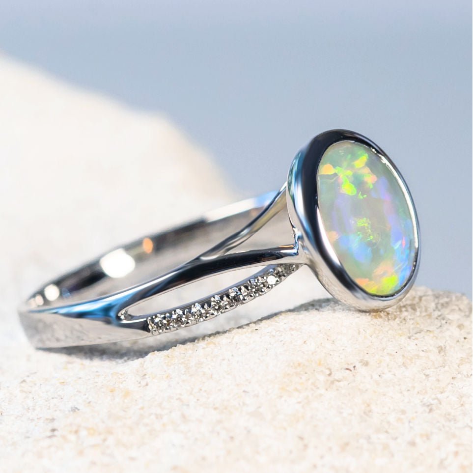 'Antonia' White Gold Australian Crystal Opal Ring - Black Star Opal