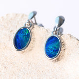 silver drop earrings with blue and green oval doublet opals