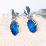 green and blue oval australian doublet opal earrings
