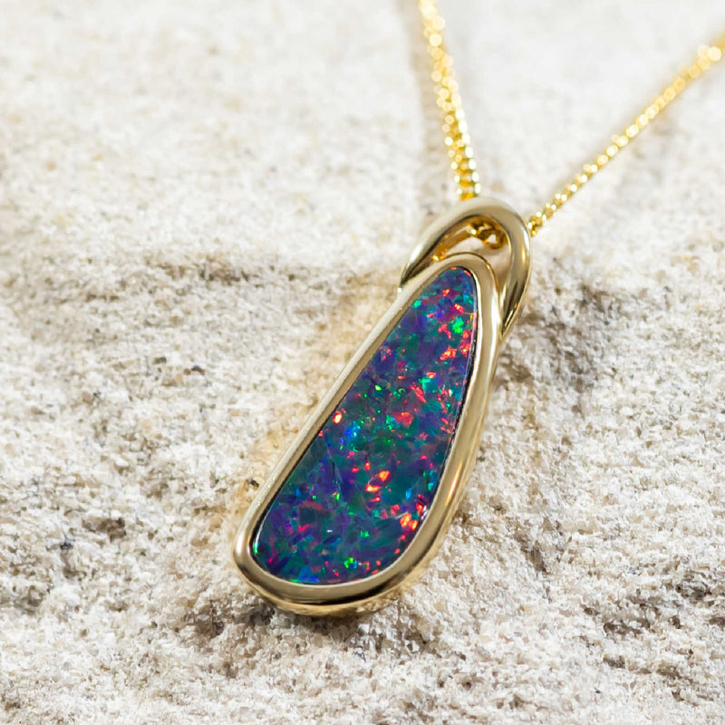 'Arihi' Gold Australian Doublet Opal Necklace Pendant - Black Star Opal