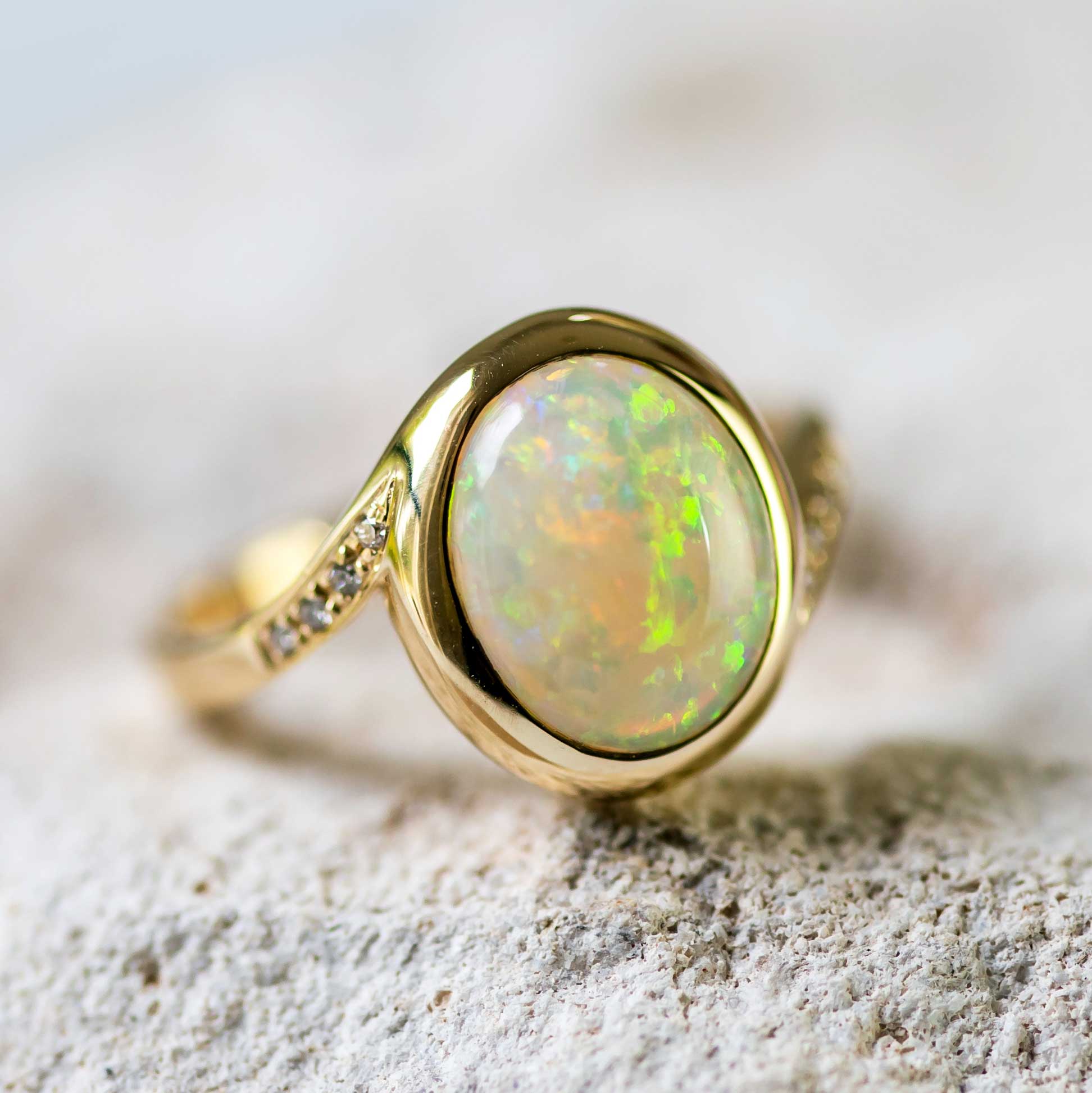 'Arina' Gold Australian Light Opal Ring - Black Star Opal