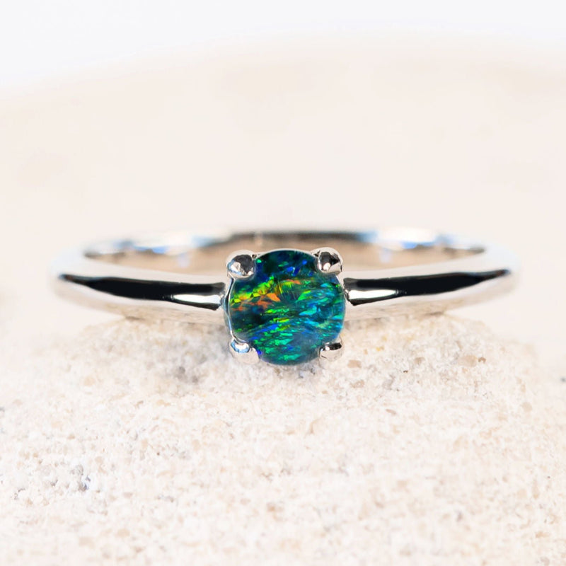 colourful round australian opal ring set with a triplet opal