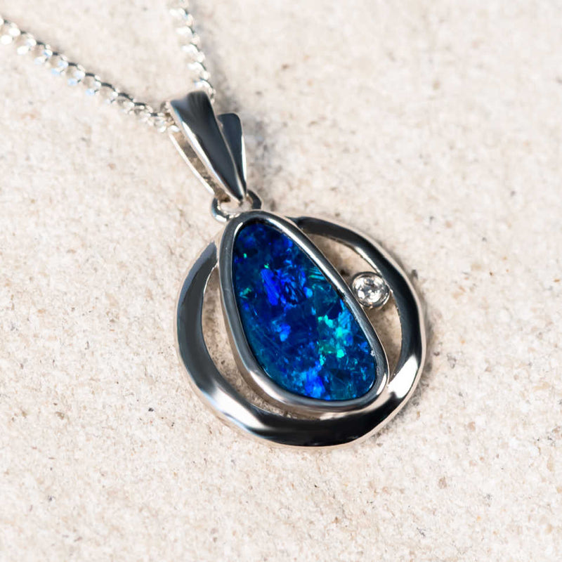 'Aspyn' Silver Australian Doublet Opal Necklace Pendant - Black Star Opal