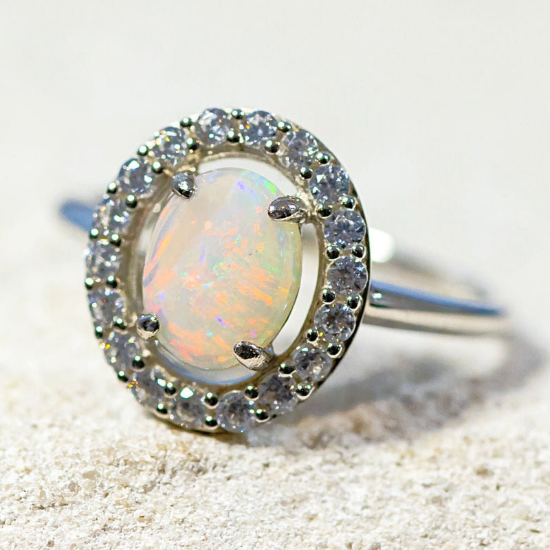 'Aurora' Silver Australian Crystal Opal Ring - Black Star Opal
