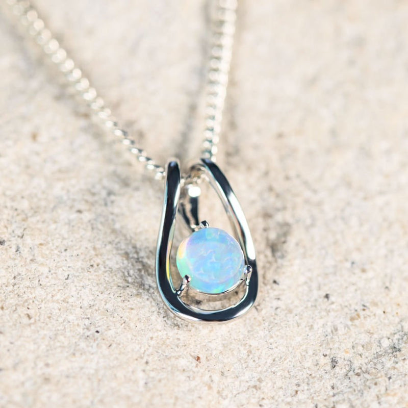 'Ava' White Gold Crystal Opal Necklace Pendant - Black Star Opal