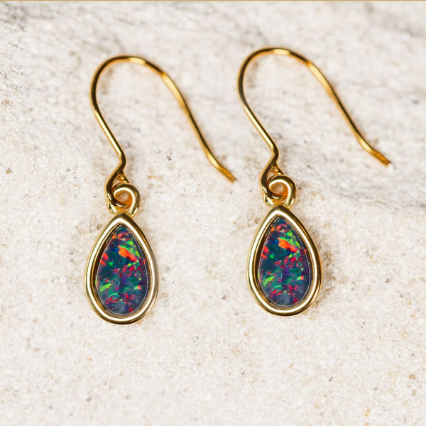 'Avah' Gold Plated Silver Australian Triplet Opal Earrings - Black Star Opal