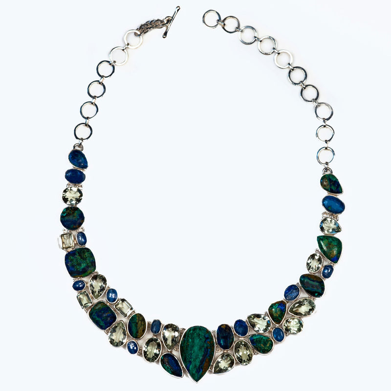 Azurite, green amethyst and kyanite gemstone silver necklace