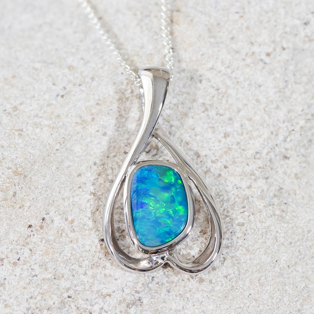 'Bahari' Silver Australian Doublet Opal Necklace Pendant - Black Star Opal