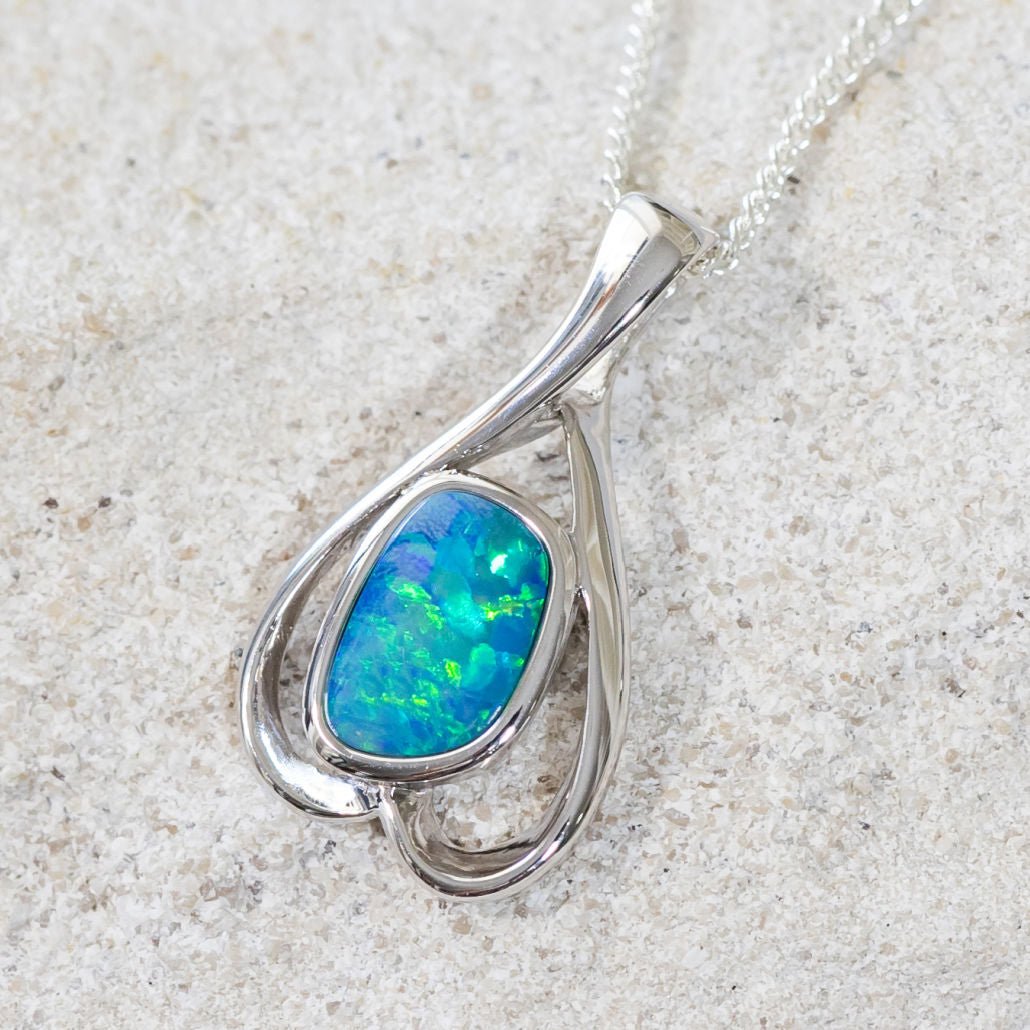 'Bahari' Silver Australian Doublet Opal Necklace Pendant - Black Star Opal