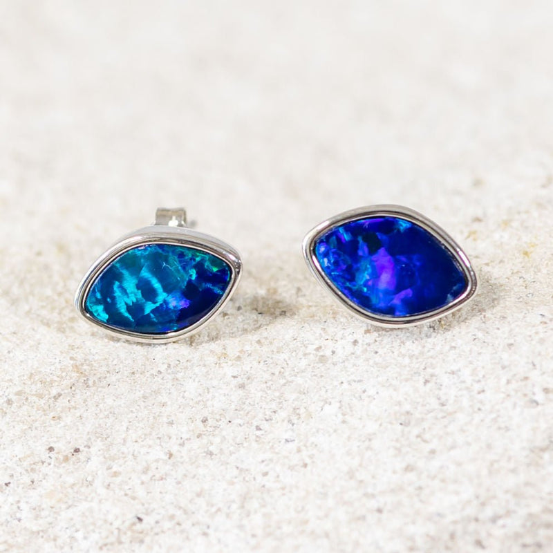 'Blue Belle' Silver Australian Doublet Opal Earrings - Black Star Opal