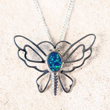 blue and green doublet opal silver pendant butterfly design