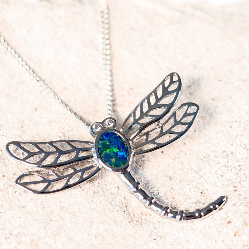 australian doublet opal dragonfly design silver pendant