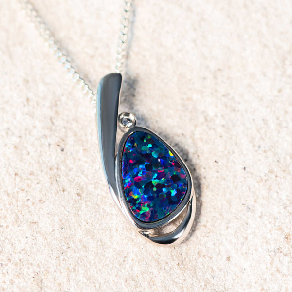 'Boe' Silver Australian Doublet Opal Necklace Pendant - Black Star Opal