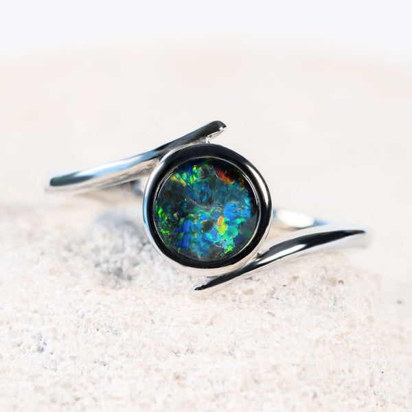 colourful round australian opal ring set with a blue, green and red triplet opal in sterling silver
