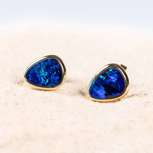 blue doublet opal earrings in 14ct gold