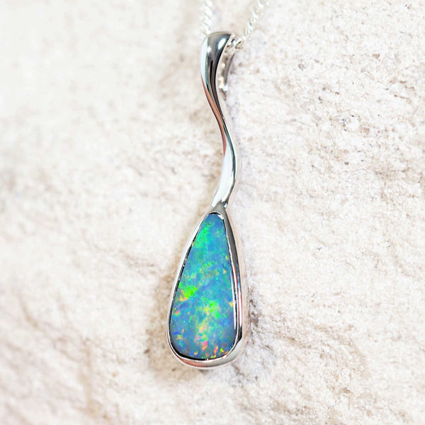 multi-coloured triangular australian opal necklace set in silver