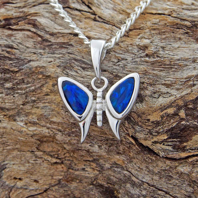‘Butterfly' Silver Australian Doublet Opal Necklace Pendant - Black Star Opal