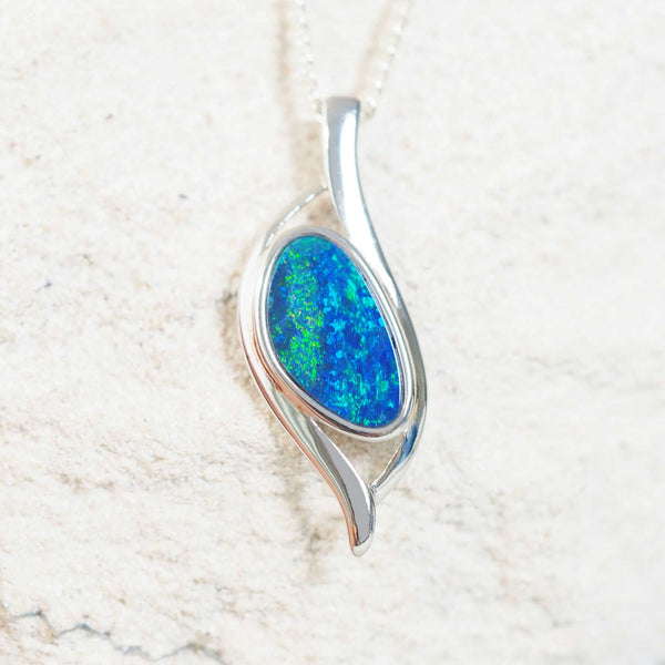 blue and green doublet opal silver pendant