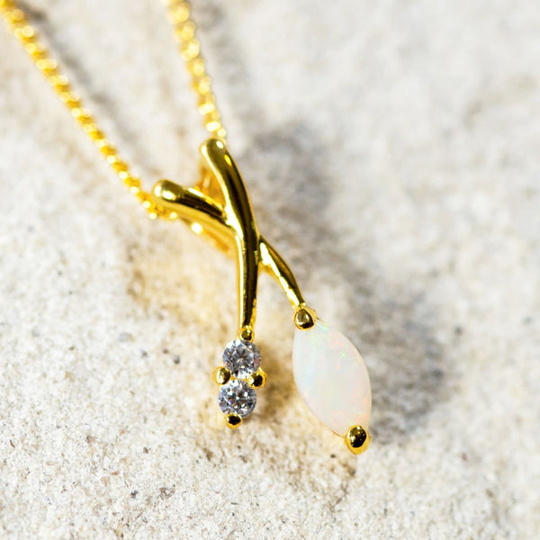 'Callie' Gold Plated Silver Australian White Opal Necklace Pendant - Black Star Opal