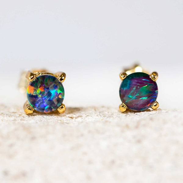 'Celia' Gold Plated Silver Australian Triplet Opal Earrings - Black Star Opal