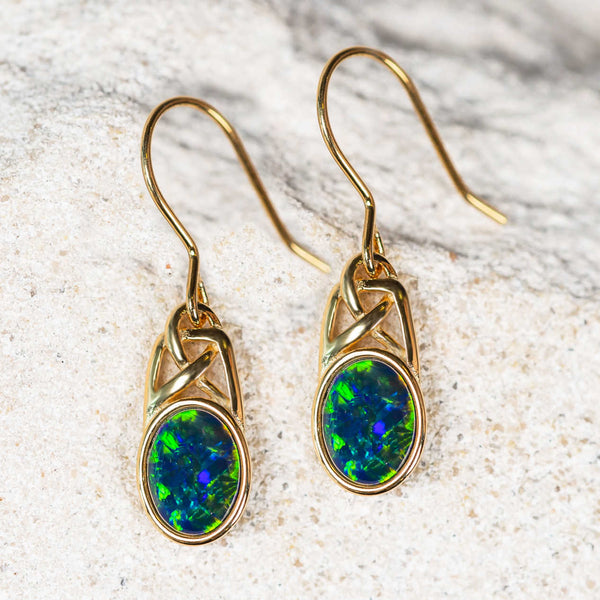 'Celtic Dreaming’ Gold Plated Silver Australian Triplet Opal Earrings - Black Star Opal