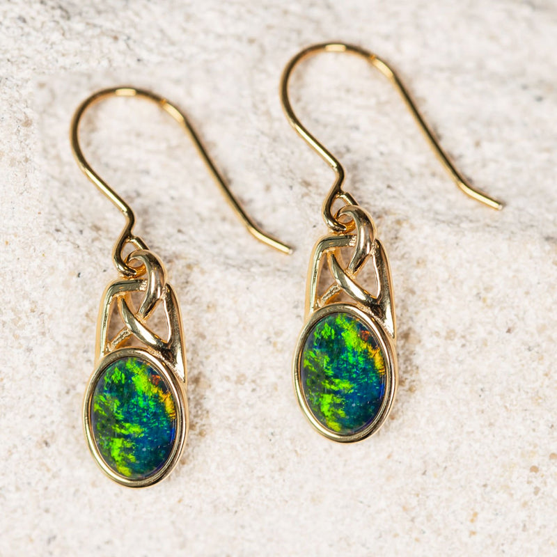'Celtic Dreaming’ Gold Plated Silver Australian Triplet Opal Earrings - Black Star Opal