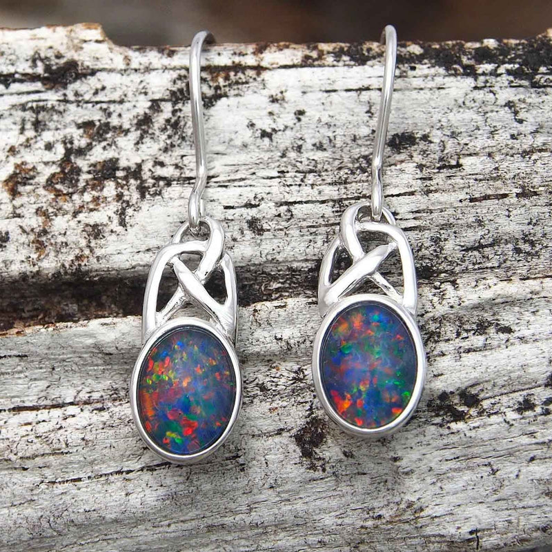 Beautiful sterling silver Celtic twist design shepherd hook earrings bezel set with multi-coloured oval triplet opals