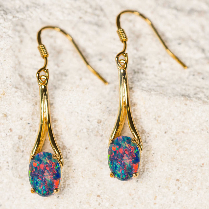 ‘Chandelier’ Gold Plated Silver Australian Triplet Opal Earrings - Black Star Opal