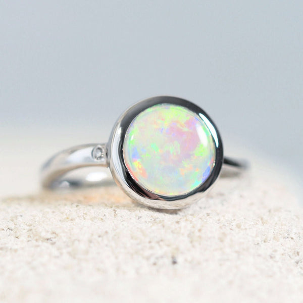 multi-colour round crystal opal white gold ring with one diamond
