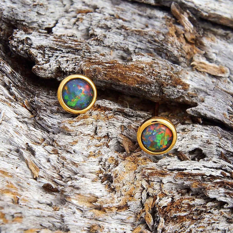 'Classic' Gold Plated Silver Australian Triplet Opal Earrings - Black Star Opal